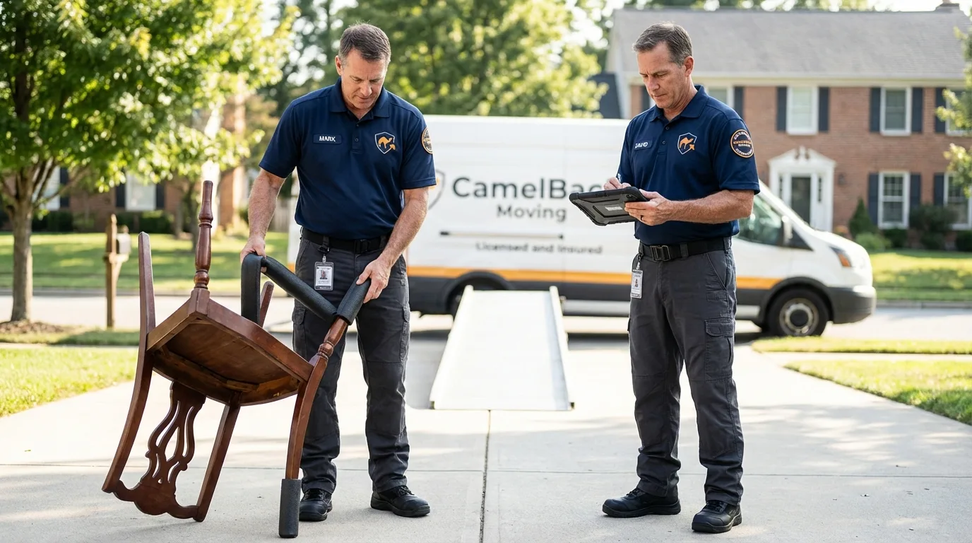 Movers inspecting furniture for damage prevention before loading in Mills River, NC