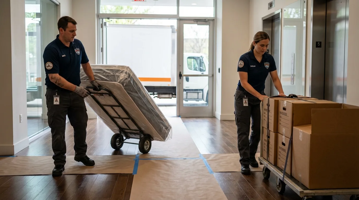 Professional apartment movers loading elevator in Mills River, NC