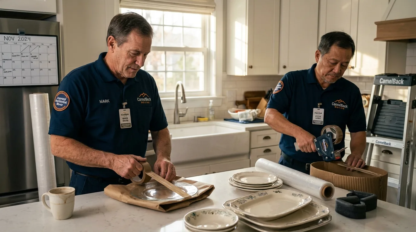 Professional crew packing kitchen dishware in Mills River, NC